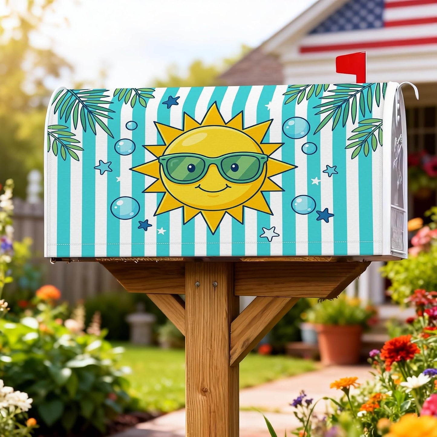 Sun Magnetic Mailbox Covers, Summer Playful Bubbles Stars Summer Yellow Mail Box Covering for Front Door Decor 21x25.5 Inch