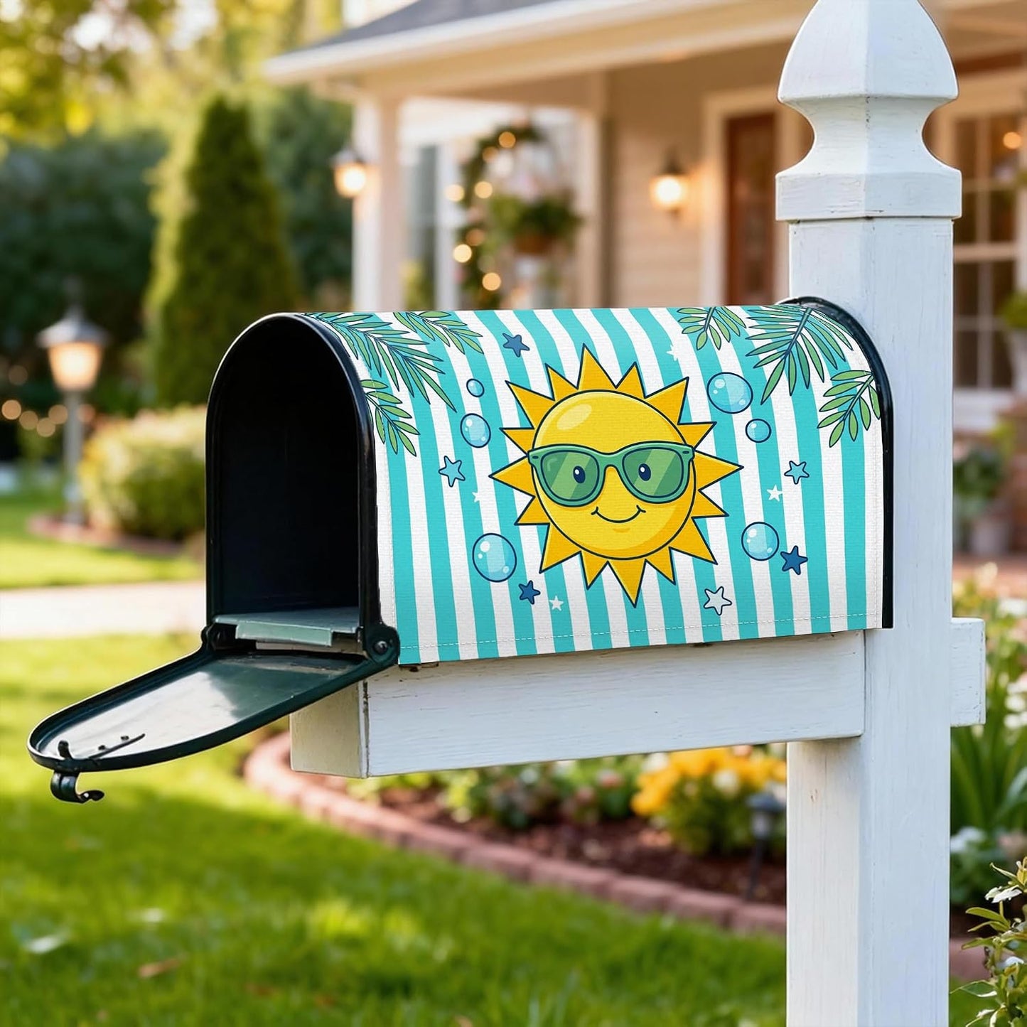 Sun Magnetic Mailbox Covers, Summer Playful Bubbles Stars Summer Yellow Mail Box Covering for Front Door Decor 21x25.5 Inch