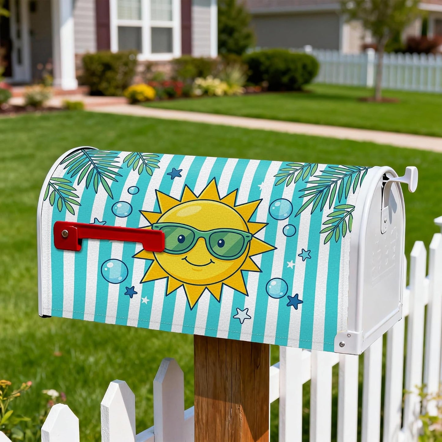 Sun Magnetic Mailbox Covers, Summer Playful Bubbles Stars Summer Yellow Mail Box Covering for Front Door Decor 21x25.5 Inch