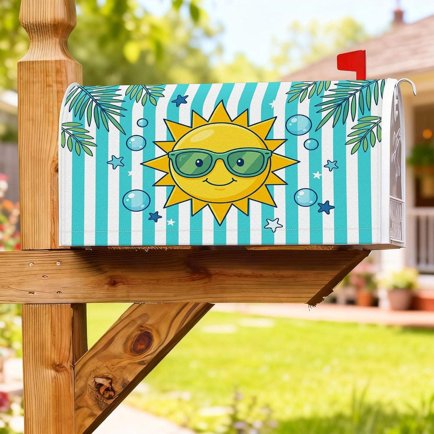 Sun Magnetic Mailbox Covers, Summer Playful Bubbles Stars Summer Yellow Mail Box Covering for Front Door Decor 21x25.5 Inch