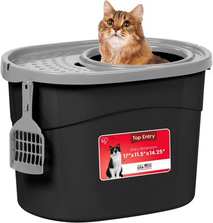 Large Top Entry Cat Litter Box, Hooded Privacy, Black/Gray | Multi-Cat Households, Protected Interior, Enclosed Top Access, Dog Proof Pan, Reduced Tracking, Odor Trapping