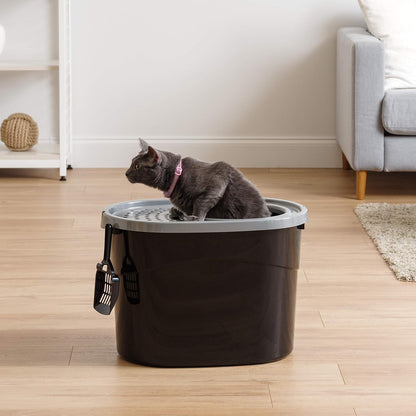 Large Top Entry Cat Litter Box, Hooded Privacy, Black/Gray | Multi-Cat Households, Protected Interior, Enclosed Top Access, Dog Proof Pan, Reduced Tracking, Odor Trapping