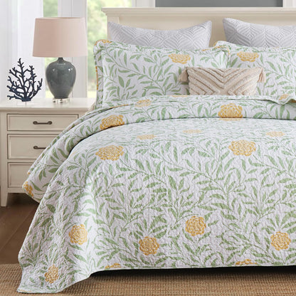 Queen Comforter Set for Bed Floral Quilt Queen size-100% Cotton Yellow,Green,sage Bedspreads (90 * 98 Inch) with 2 Pillow Shams, Lightweight Garden Bedding Spring and Summer Style