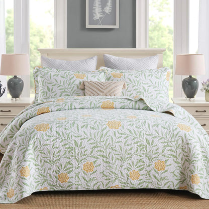 Queen Comforter Set for Bed Floral Quilt Queen size-100% Cotton Yellow,Green,sage Bedspreads (90 * 98 Inch) with 2 Pillow Shams, Lightweight Garden Bedding Spring and Summer Style