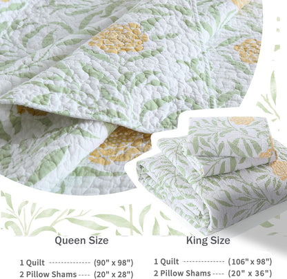 Queen Comforter Set for Bed Floral Quilt Queen size-100% Cotton Yellow,Green,sage Bedspreads (90 * 98 Inch) with 2 Pillow Shams, Lightweight Garden Bedding Spring and Summer Style
