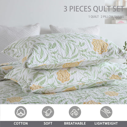 Queen Comforter Set for Bed Floral Quilt Queen size-100% Cotton Yellow,Green,sage Bedspreads (90 * 98 Inch) with 2 Pillow Shams, Lightweight Garden Bedding Spring and Summer Style