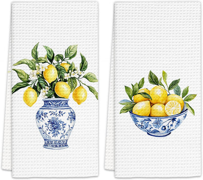 Chinoiserie Decor Lemon Kitchen Towels Set of 2 - Blue White Porcelain Dish Towels, Yellow Lemon Decorative Hand Towel for Bathroom Kitchen, LemonKitchen Decor and Accessories(16x24 Inch)