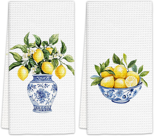 Chinoiserie Decor Lemon Kitchen Towels Set of 2 - Blue White Porcelain Dish Towels, Yellow Lemon Decorative Hand Towel for Bathroom Kitchen, LemonKitchen Decor and Accessories(16x24 Inch)