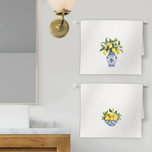 Chinoiserie Decor Lemon Kitchen Towels Set of 2 - Blue White Porcelain Dish Towels, Yellow Lemon Decorative Hand Towel for Bathroom Kitchen, LemonKitchen Decor and Accessories(16x24 Inch)