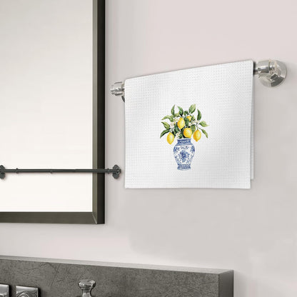 Chinoiserie Decor Lemon Kitchen Towels Set of 2 - Blue White Porcelain Dish Towels, Yellow Lemon Decorative Hand Towel for Bathroom Kitchen, LemonKitchen Decor and Accessories(16x24 Inch)