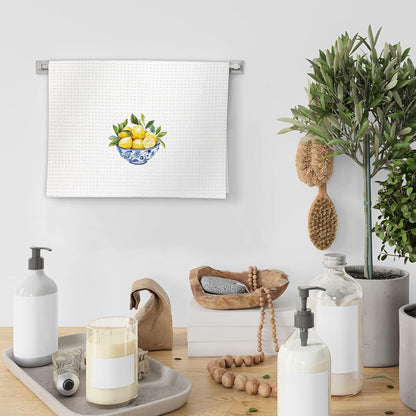 Chinoiserie Decor Lemon Kitchen Towels Set of 2 - Blue White Porcelain Dish Towels, Yellow Lemon Decorative Hand Towel for Bathroom Kitchen, LemonKitchen Decor and Accessories(16x24 Inch)