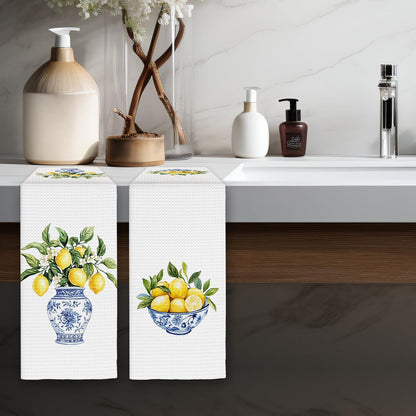 Chinoiserie Decor Lemon Kitchen Towels Set of 2 - Blue White Porcelain Dish Towels, Yellow Lemon Decorative Hand Towel for Bathroom Kitchen, LemonKitchen Decor and Accessories(16x24 Inch)