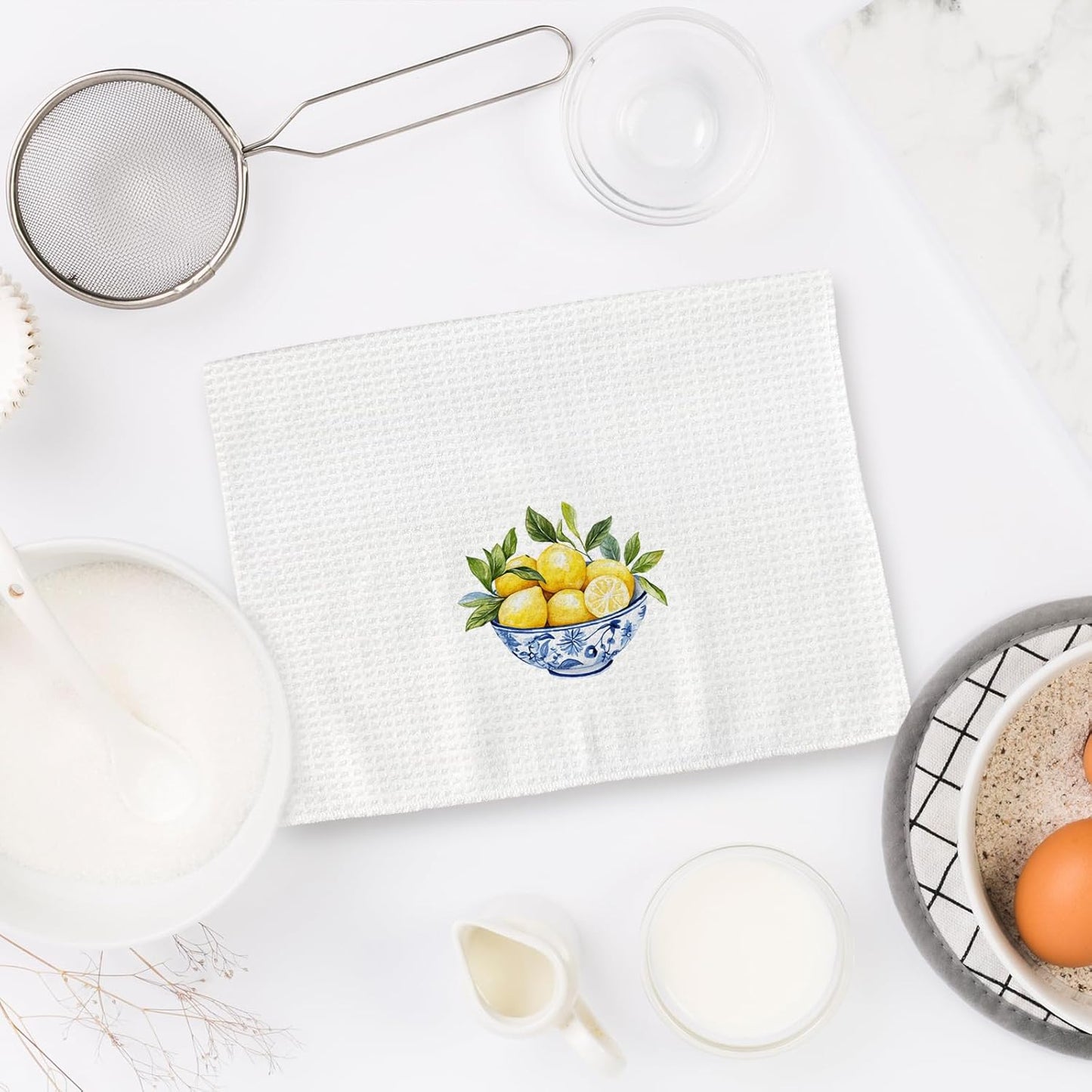 Chinoiserie Decor Lemon Kitchen Towels Set of 2 - Blue White Porcelain Dish Towels, Yellow Lemon Decorative Hand Towel for Bathroom Kitchen, LemonKitchen Decor and Accessories(16x24 Inch)