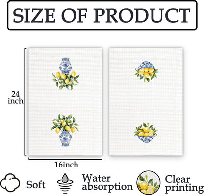 Chinoiserie Decor Lemon Kitchen Towels Set of 2 - Blue White Porcelain Dish Towels, Yellow Lemon Decorative Hand Towel for Bathroom Kitchen, LemonKitchen Decor and Accessories(16x24 Inch)