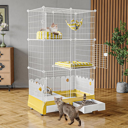 3 Tier Cat Cage, 35.5" L x 21.6" W x 62.2" H | With Litter Box and Wheels, Indoor Cat Playpen Kennel Crate, Detachable Wire Pet Enclosure, 10.2" Litter Guard Shield