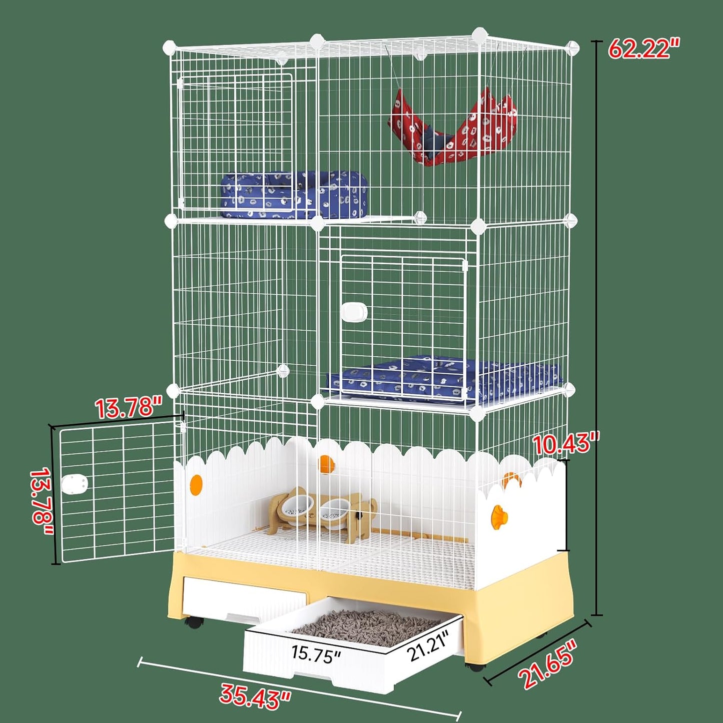 3 Tier Cat Cage, 35.5" L x 21.6" W x 62.2" H | With Litter Box and Wheels, Indoor Cat Playpen Kennel Crate, Detachable Wire Pet Enclosure, 10.2" Litter Guard Shield