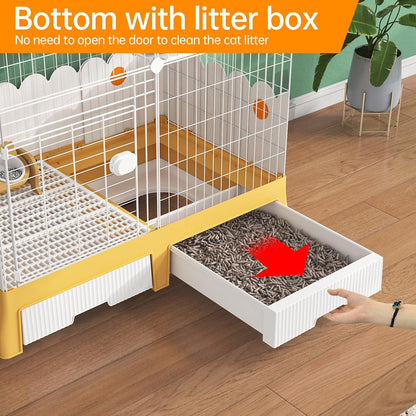 3 Tier Cat Cage, 35.5" L x 21.6" W x 62.2" H | With Litter Box and Wheels, Indoor Cat Playpen Kennel Crate, Detachable Wire Pet Enclosure, 10.2" Litter Guard Shield