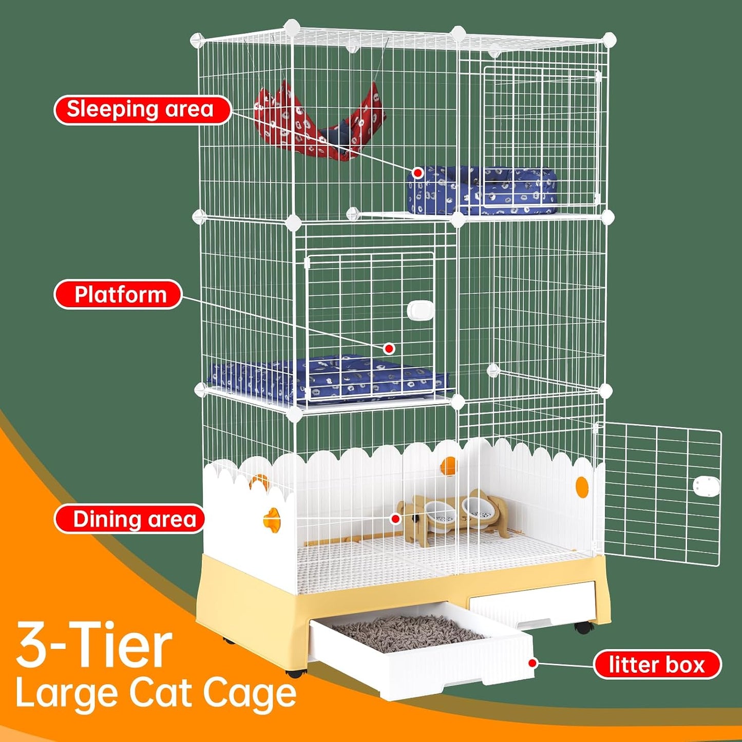 3 Tier Cat Cage, 35.5" L x 21.6" W x 62.2" H | With Litter Box and Wheels, Indoor Cat Playpen Kennel Crate, Detachable Wire Pet Enclosure, 10.2" Litter Guard Shield