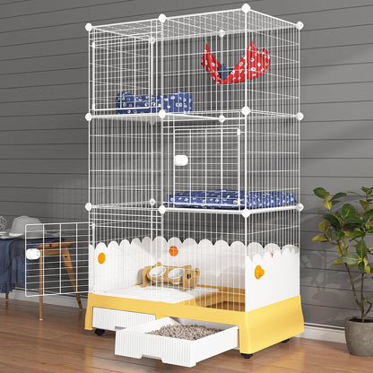 3 Tier Cat Cage, 35.5" L x 21.6" W x 62.2" H | With Litter Box and Wheels, Indoor Cat Playpen Kennel Crate, Detachable Wire Pet Enclosure, 10.2" Litter Guard Shield