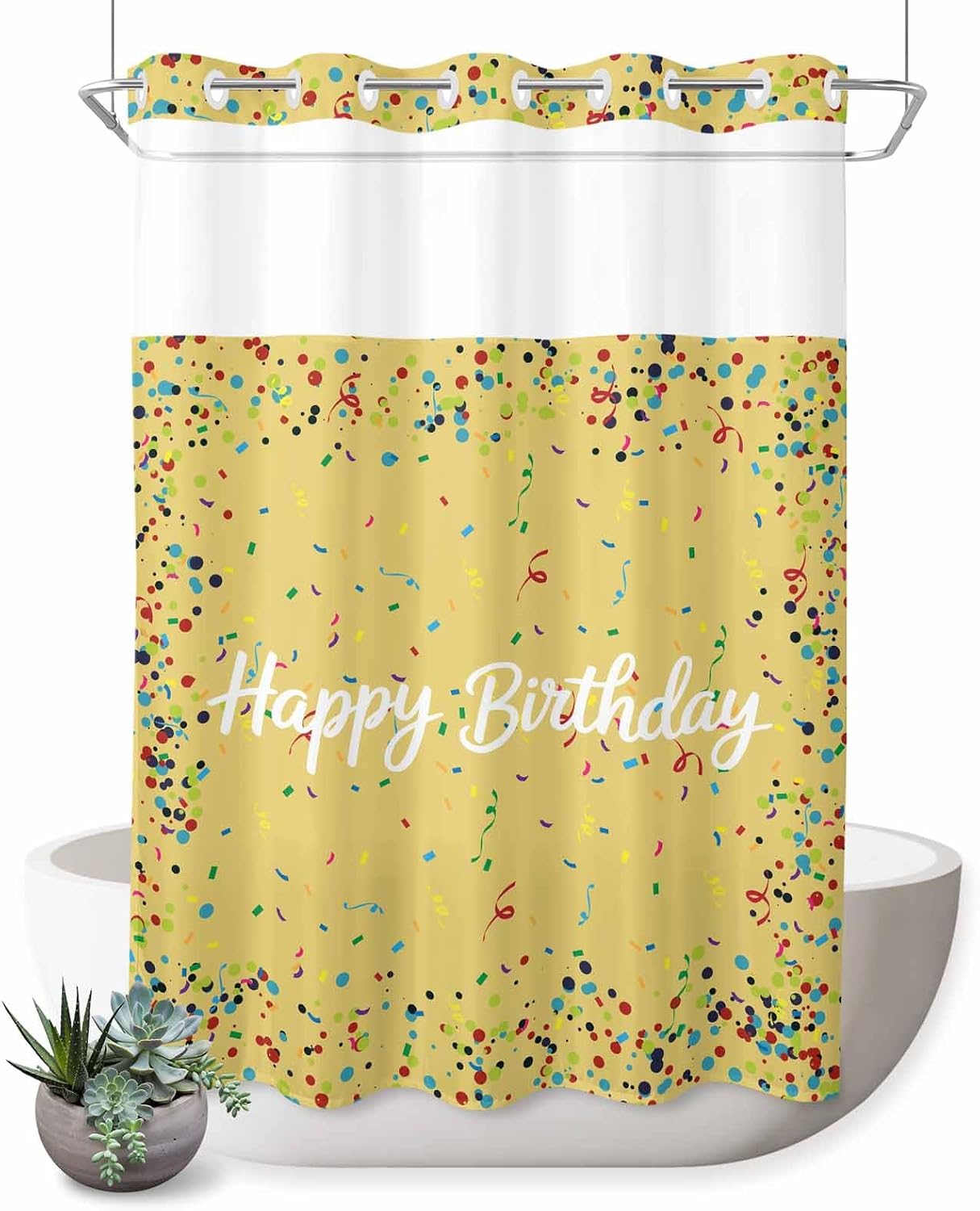 No Hook Shower Curtain, Yellow Birthday Shower Curtains for Bathroom with See Through Top Window, Colorful Confetti Ribbons Polka Dots Classroom Waterproof & Washable Bath Curtain Stall 48"x72"