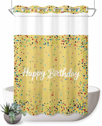 No Hook Shower Curtain, Yellow Birthday Shower Curtains for Bathroom with See Through Top Window, Colorful Confetti Ribbons Polka Dots Classroom Waterproof & Washable Bath Curtain Stall 48"x72"