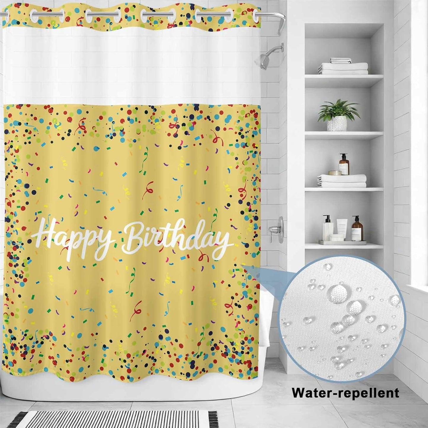 No Hook Shower Curtain, Yellow Birthday Shower Curtains for Bathroom with See Through Top Window, Colorful Confetti Ribbons Polka Dots Classroom Waterproof & Washable Bath Curtain Stall 48"x72"