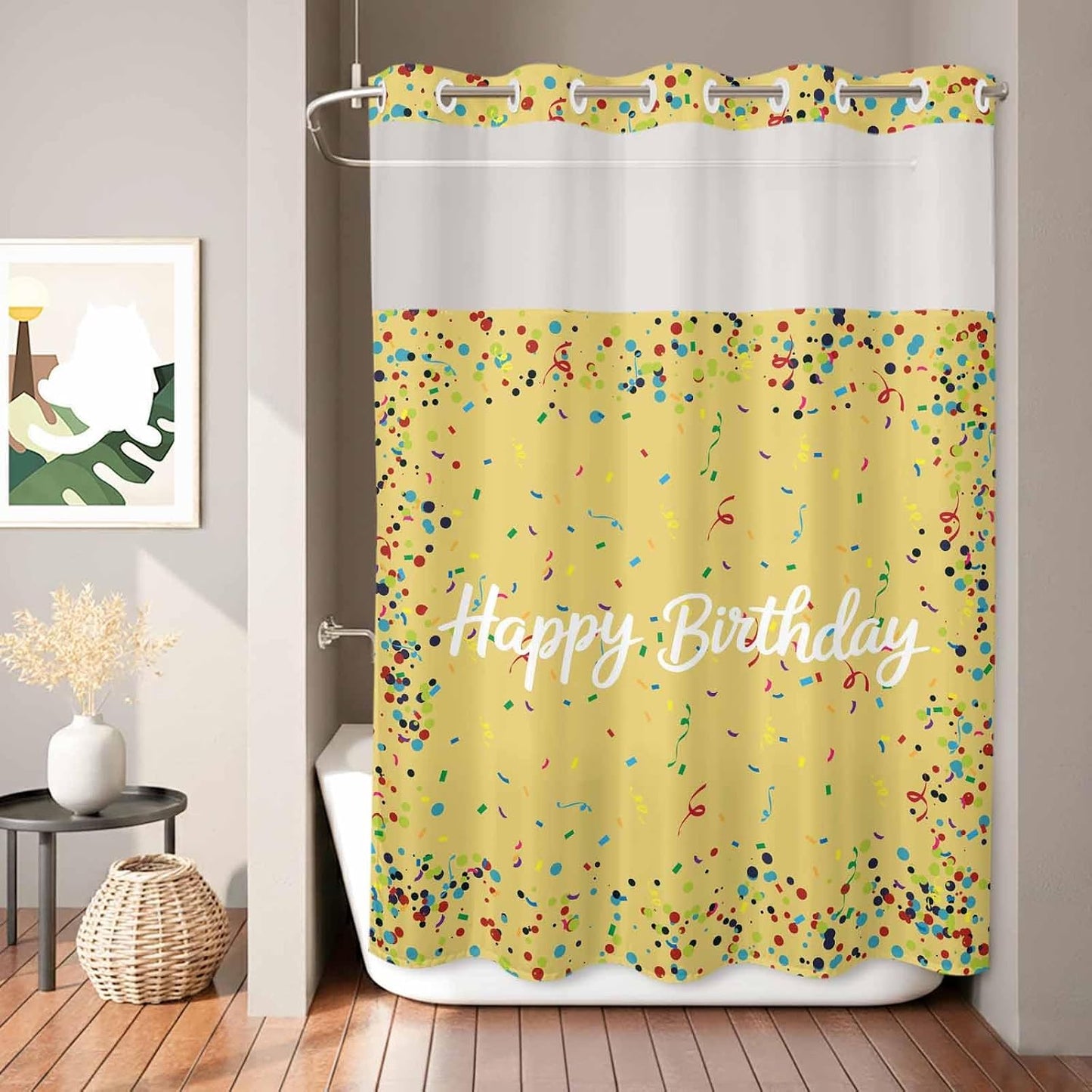 No Hook Shower Curtain, Yellow Birthday Shower Curtains for Bathroom with See Through Top Window, Colorful Confetti Ribbons Polka Dots Classroom Waterproof & Washable Bath Curtain Stall 48"x72"