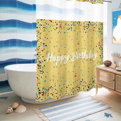 No Hook Shower Curtain, Yellow Birthday Shower Curtains for Bathroom with See Through Top Window, Colorful Confetti Ribbons Polka Dots Classroom Waterproof & Washable Bath Curtain Stall 48"x72"