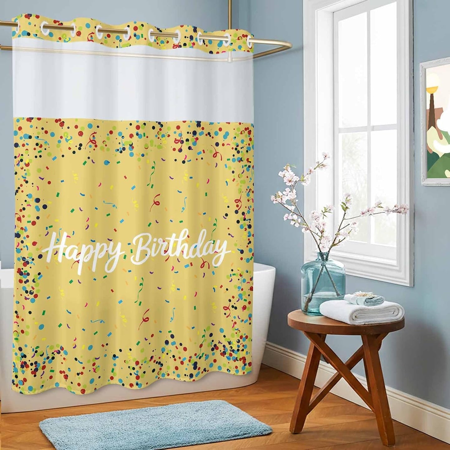 No Hook Shower Curtain, Yellow Birthday Shower Curtains for Bathroom with See Through Top Window, Colorful Confetti Ribbons Polka Dots Classroom Waterproof & Washable Bath Curtain Stall 48"x72"
