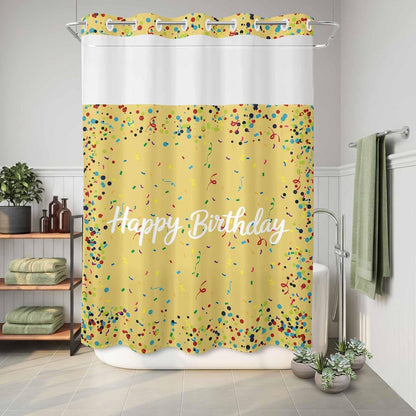 No Hook Shower Curtain, Yellow Birthday Shower Curtains for Bathroom with See Through Top Window, Colorful Confetti Ribbons Polka Dots Classroom Waterproof & Washable Bath Curtain Stall 48"x72"