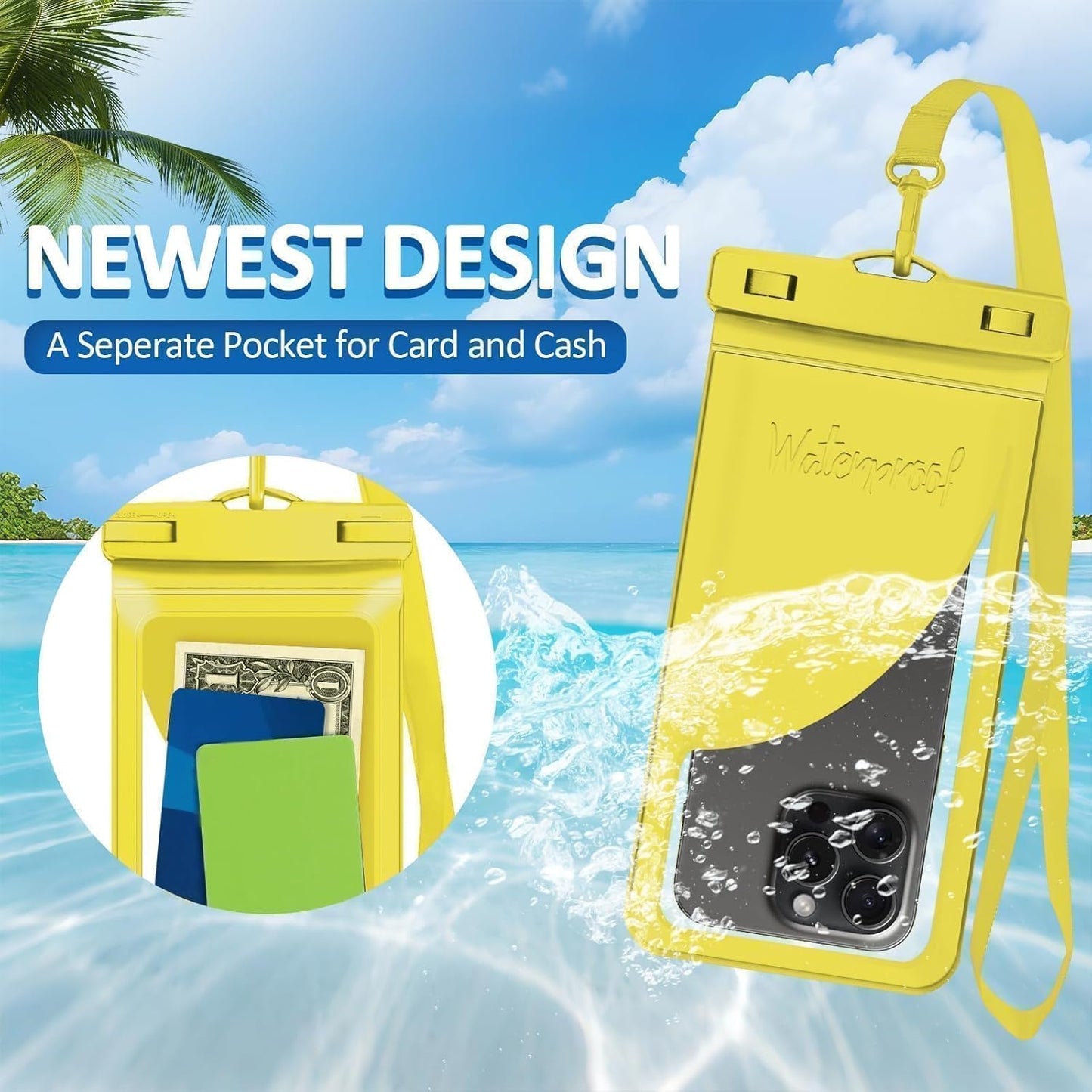 Waterproof Phone Pouch for iPhone 17 16 15 Pro Max IPX8 Yellow-8.3 | Card Pocket, Lightweight, Large Cellphone Dry Bag, IPX8 Rated, Beach Essential, Cruise Ship, 1 Pack, 8.3 inch