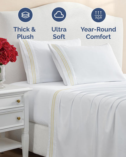Extra Thick Heavyweight King Size 4 Piece Bed Sheet Set - Embroidery Bed Sheets - Ultra-Soft & Wrinkle Free - Super Luxury Queen Bed Set - Premium Hotel Quality Bedding w/ Deep Pockets - Butter Yellow