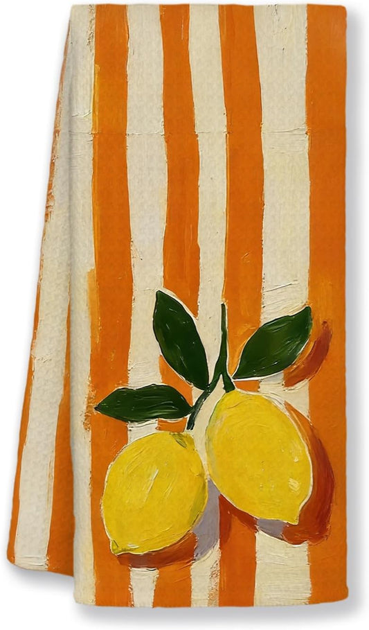 Lemon Kitchen Towels 16x24 Inches, Trendy Retro Terracotta Orange Striped Lemon Fruit Decorative Hand Tea Dish Towels for Bathroom Kitchen