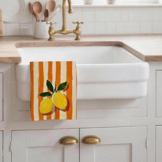 Lemon Kitchen Towels 16x24 Inches, Trendy Retro Terracotta Orange Striped Lemon Fruit Decorative Hand Tea Dish Towels for Bathroom Kitchen