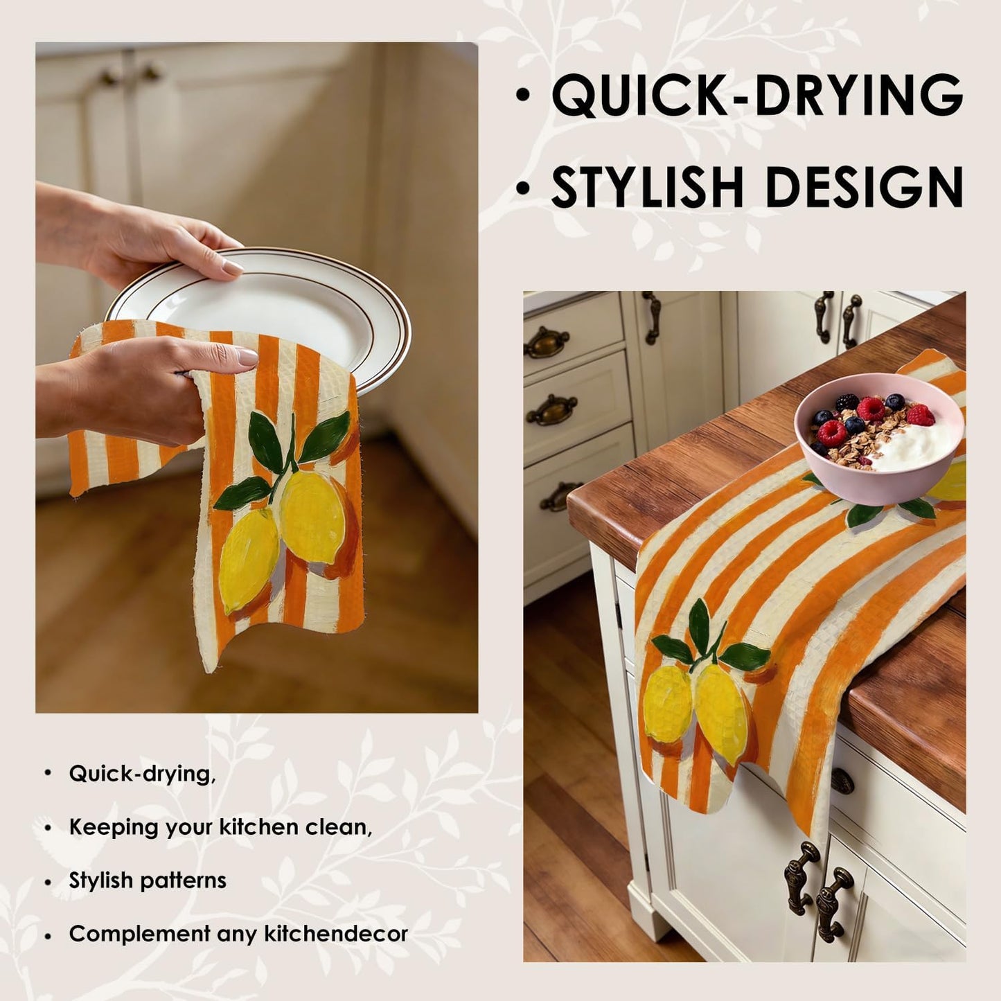 Lemon Kitchen Towels 16x24 Inches, Trendy Retro Terracotta Orange Striped Lemon Fruit Decorative Hand Tea Dish Towels for Bathroom Kitchen