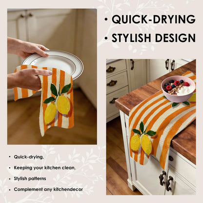 Lemon Kitchen Towels 16x24 Inches, Trendy Retro Terracotta Orange Striped Lemon Fruit Decorative Hand Tea Dish Towels for Bathroom Kitchen