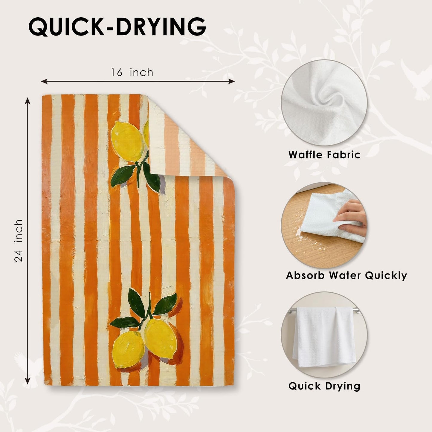 Lemon Kitchen Towels 16x24 Inches, Trendy Retro Terracotta Orange Striped Lemon Fruit Decorative Hand Tea Dish Towels for Bathroom Kitchen
