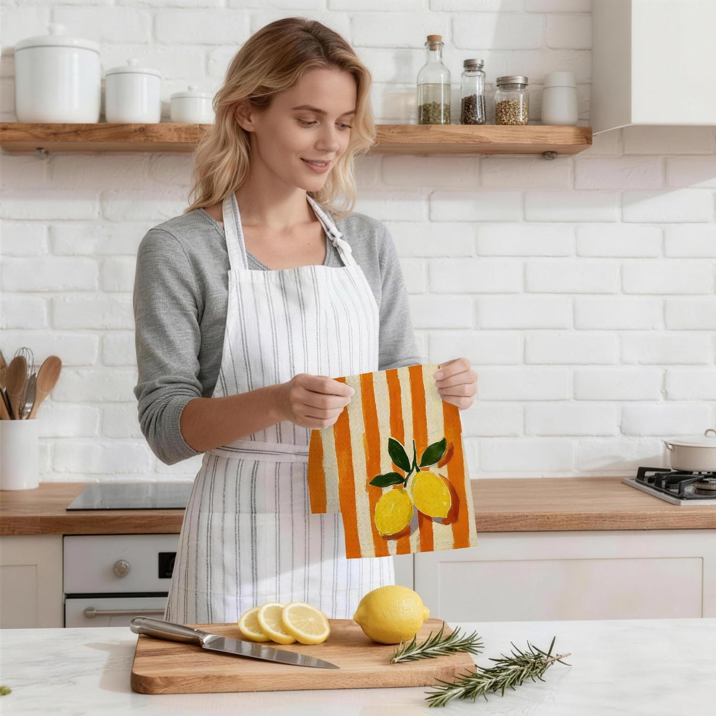 Lemon Kitchen Towels 16x24 Inches, Trendy Retro Terracotta Orange Striped Lemon Fruit Decorative Hand Tea Dish Towels for Bathroom Kitchen