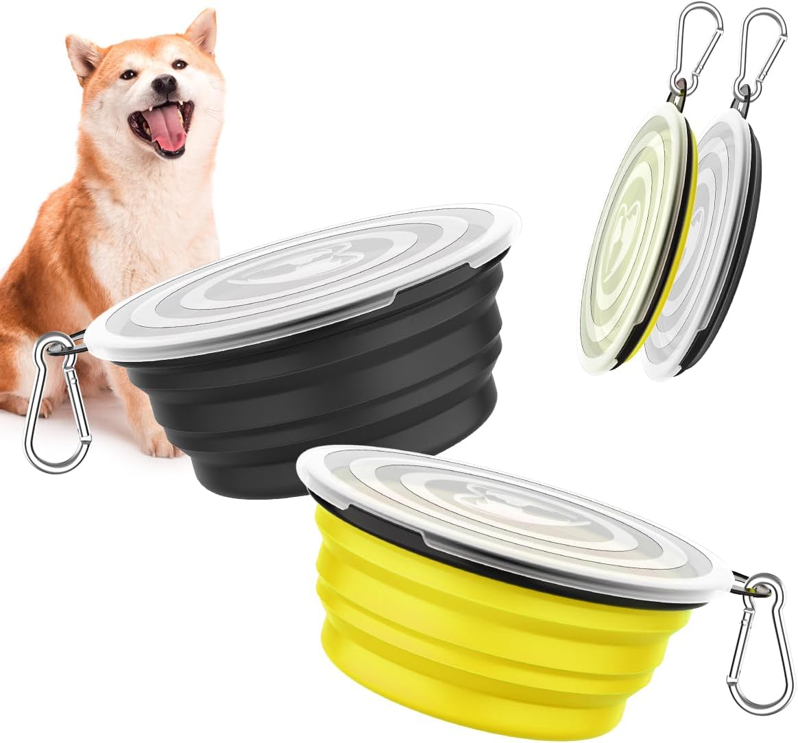 Collapsible Travel Dog Bowls 2 Pack with Lids&Carabiners Silicone | Feeding Watering Bowls for Dogs Cats, Collapsable Water Feeder Food Bowl for Walking Traveling Home Use, Yellow + Black