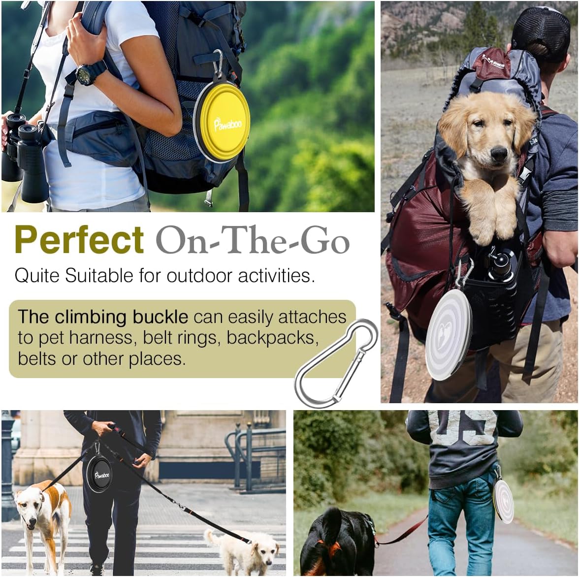 Collapsible Travel Dog Bowls 2 Pack with Lids&Carabiners Silicone | Feeding Watering Bowls for Dogs Cats, Collapsable Water Feeder Food Bowl for Walking Traveling Home Use, Yellow + Black