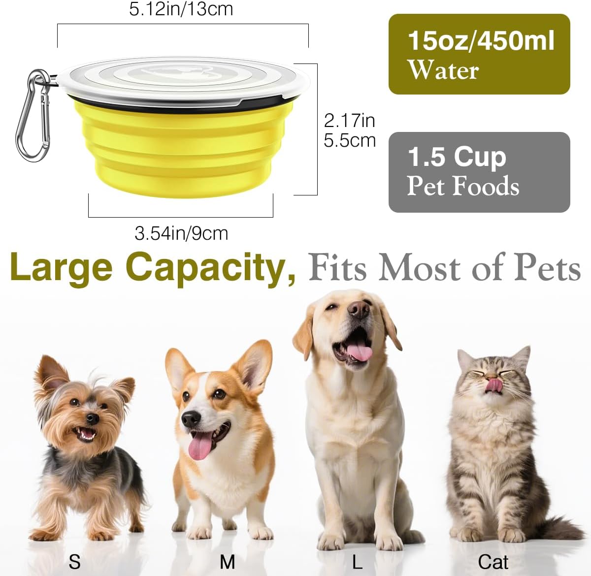 Collapsible Travel Dog Bowls 2 Pack with Lids&Carabiners Silicone | Feeding Watering Bowls for Dogs Cats, Collapsable Water Feeder Food Bowl for Walking Traveling Home Use, Yellow + Black