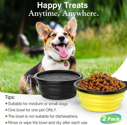 Collapsible Travel Dog Bowls 2 Pack with Lids&Carabiners Silicone | Feeding Watering Bowls for Dogs Cats, Collapsable Water Feeder Food Bowl for Walking Traveling Home Use, Yellow + Black