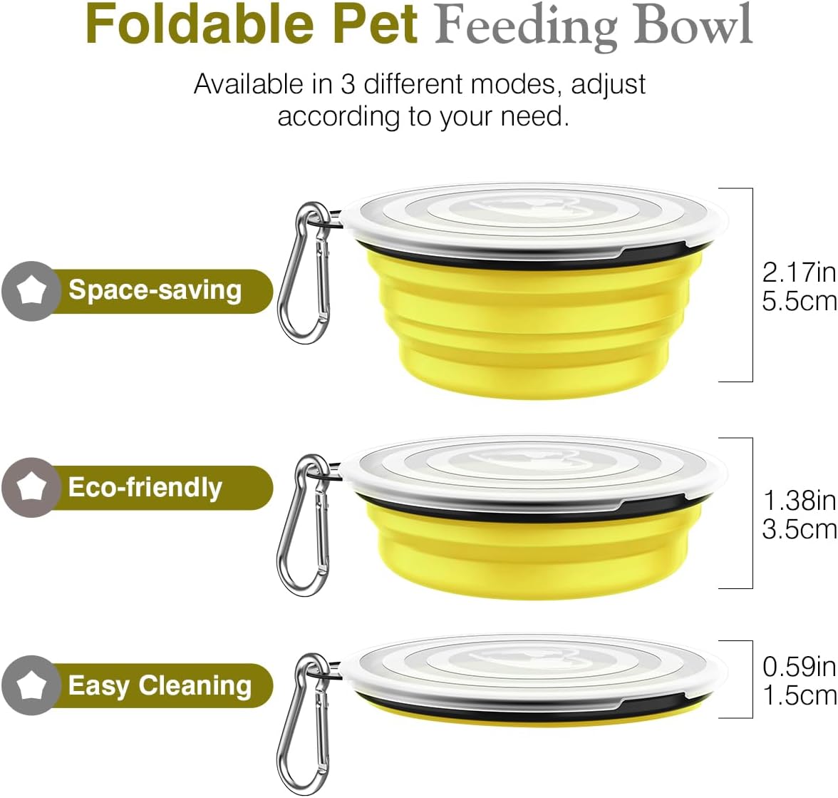 Collapsible Travel Dog Bowls 2 Pack with Lids&Carabiners Silicone | Feeding Watering Bowls for Dogs Cats, Collapsable Water Feeder Food Bowl for Walking Traveling Home Use, Yellow + Black