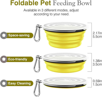 Collapsible Travel Dog Bowls 2 Pack with Lids&Carabiners Silicone | Feeding Watering Bowls for Dogs Cats, Collapsable Water Feeder Food Bowl for Walking Traveling Home Use, Yellow + Black