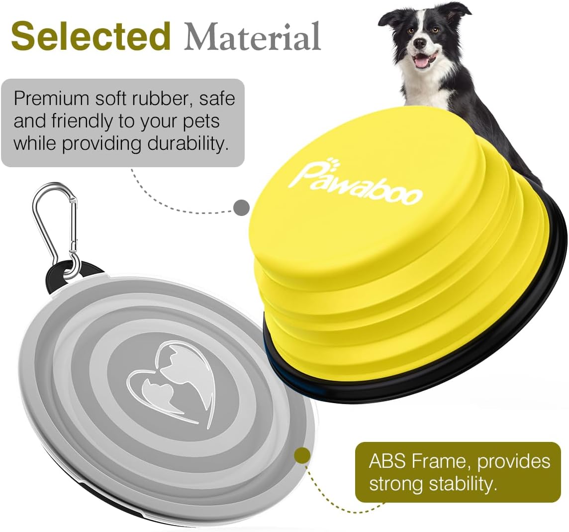 Collapsible Travel Dog Bowls 2 Pack with Lids&Carabiners Silicone | Feeding Watering Bowls for Dogs Cats, Collapsable Water Feeder Food Bowl for Walking Traveling Home Use, Yellow + Black