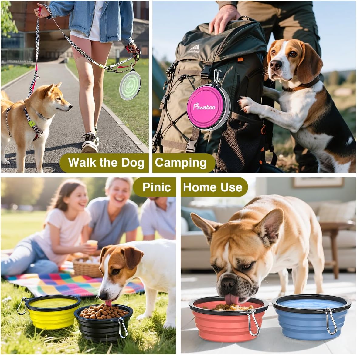 Collapsible Travel Dog Bowls 2 Pack with Lids&Carabiners Silicone | Feeding Watering Bowls for Dogs Cats, Collapsable Water Feeder Food Bowl for Walking Traveling Home Use, Yellow + Black