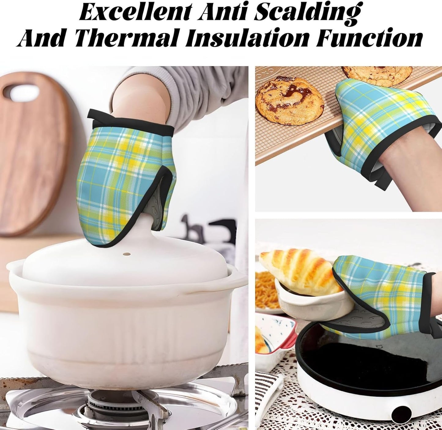 Light Blue and Yellow Tartan Plaid Non-Slip Mini Oven Mitts, for Kitchen Polyester Heat Resistant Gloves