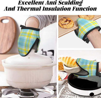 Light Blue and Yellow Tartan Plaid Non-Slip Mini Oven Mitts, for Kitchen Polyester Heat Resistant Gloves