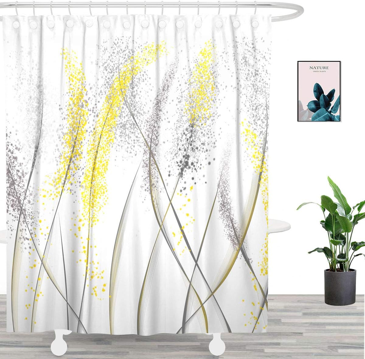 Unique Design Abstract Black and Yellow Plants Dandelion Fabric Shower Curtain, Mordern Art Curtain for Bathroom Décor Machine Washable 71" x 71", White