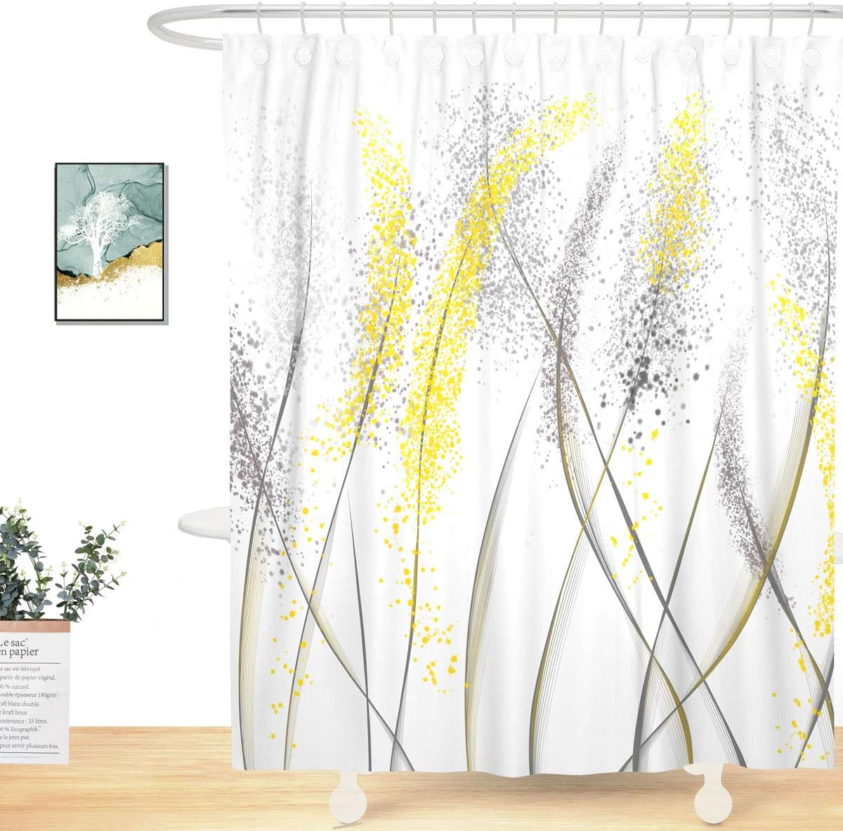 Unique Design Abstract Black and Yellow Plants Dandelion Fabric Shower Curtain, Mordern Art Curtain for Bathroom Décor Machine Washable 71" x 71", White